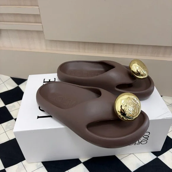 Loewe Chocolate Brown Slide Sandals with Gold Orb Detail - Picture 3 of 7